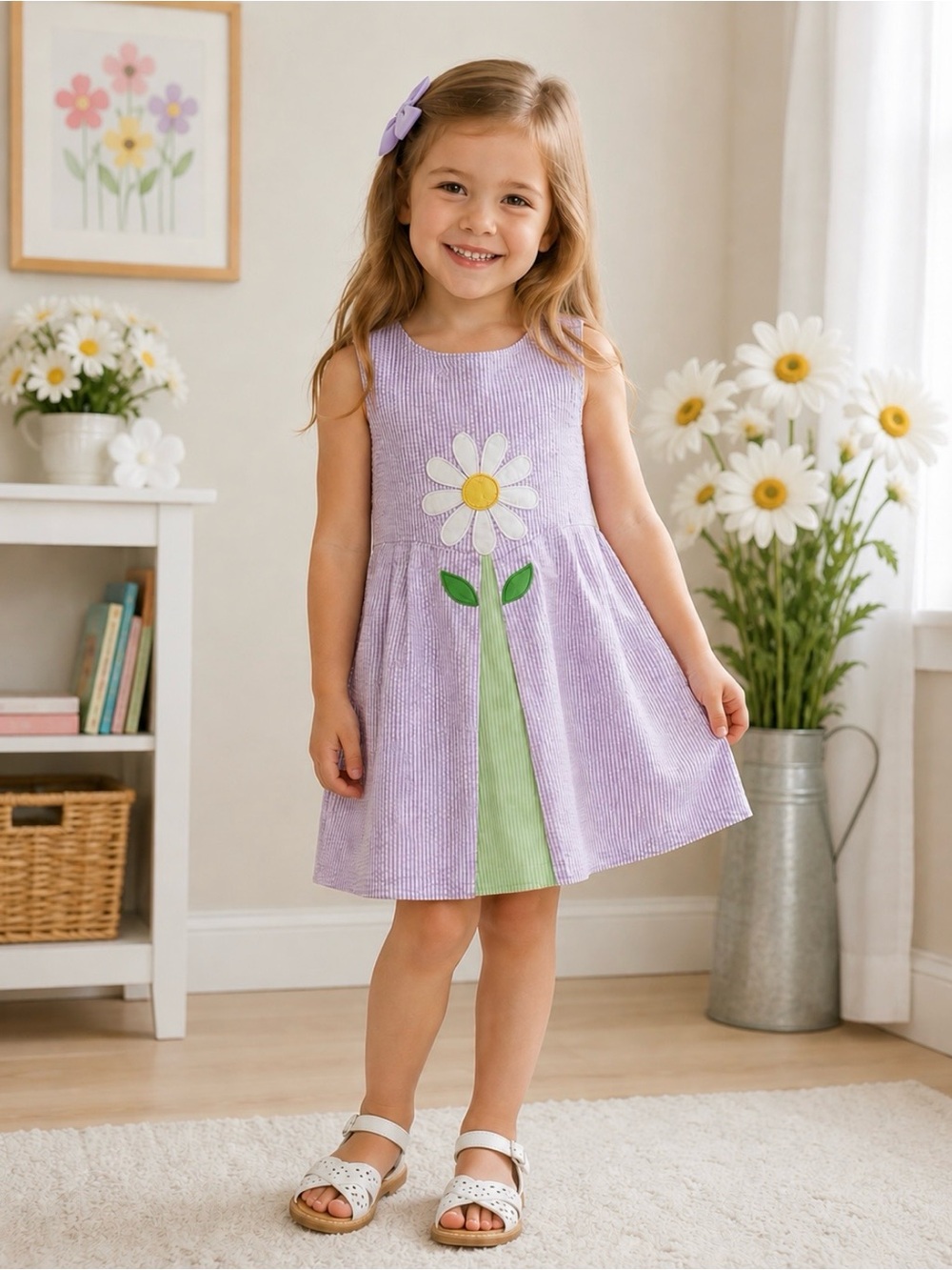 Gymboree Girls Purple and White Striped Daisy Seersucker Shift Dress